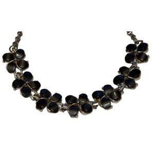Silver Black Charcoal Gray Stone Beads Floral Flower Choker Necklace